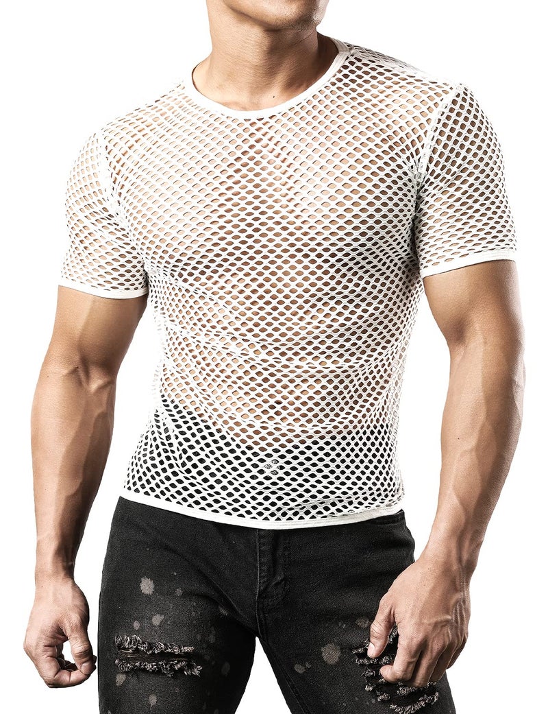 JOGAL Men's Mesh Fishnet Fitted Short Sleeve Muscle Top Large WG02 White - Image 4